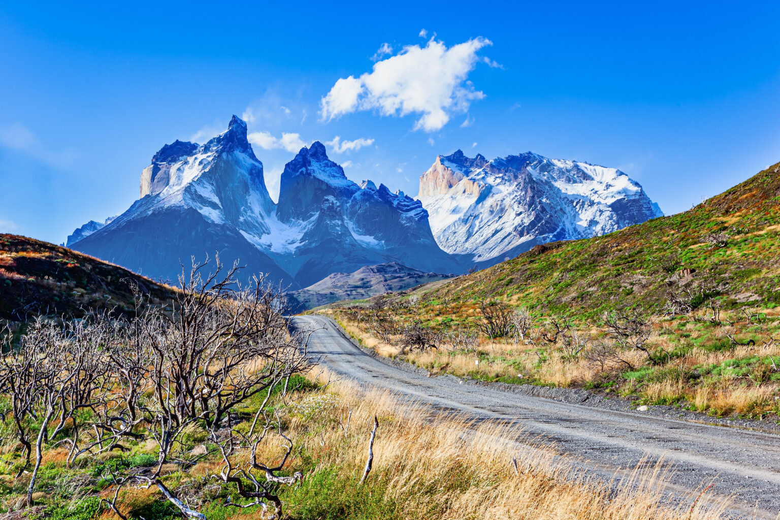 Snow-capped black cliffs of Los Cuernos. Epic trip to Chilean Patagonia. Phenomenal landscapes on the southern edge of America. Andes. Dirt road between hills